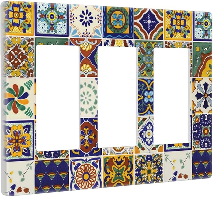 Yellow/Blue Mexican Tile Decorative Rocker GFCI Light Switch Cover 3-Gang Electrical Triple Decorator Wall Plate Kitchen Boho Mandala Floral Moroccan Tiles Switches Faceplate Cover Dimmer Screwless