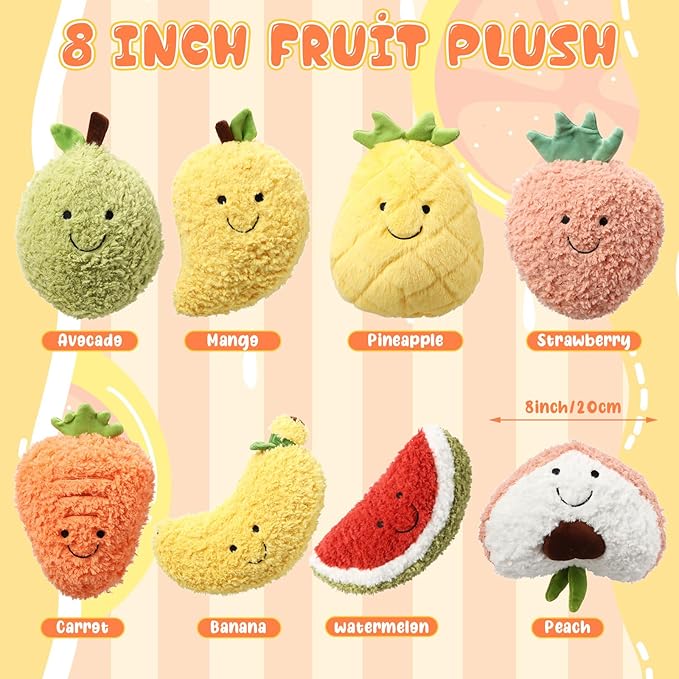 Simgoing 8 Pcs Cute Fruit Plush Pillow Stuffed Fruit Toy 8 Inch Avocado Banana Watermelon Peach Strawberry Mango Carrot Pineapple Plush Toy Kawaii Hugging Plushies for Boys Girls Party Favors