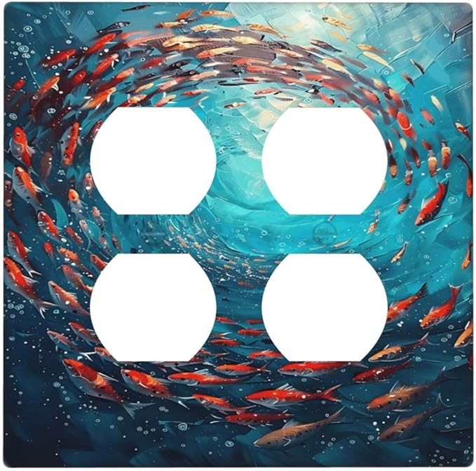 Ocean Fish School Of Fish Vortex Deep Sea Outlet Covers 2 Gang Double Duplex Decorative Light Switch Covers Electrical Wallplates Socket Faceplate for Kids Room Bedroom Decor