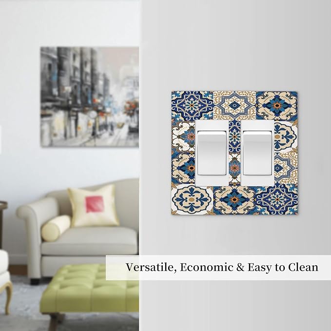 Decorative Outlet Covers Mandala Decorative Tile Talavera Moroccan Tiles 2 Gang Double GFCI Rocker Electrical Wall Panels Light Switch Cover Plate for Bedroom living Room Decor