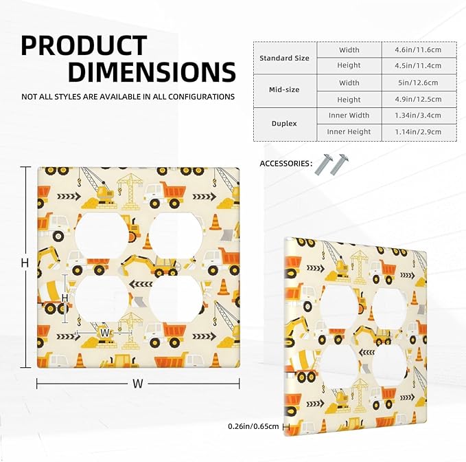 Decorative Outlet Covers Construction Vehicle Yellow Trucks Diggers 2 Gang Light Switch Cover Plate Double Duplex Wall Plates for Electrical Outlets Switch Plate Covers for Home Decor