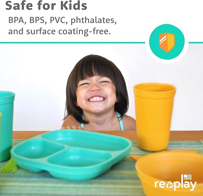 Re-Play 3 Divided Toddler Plates, 3 Utensils Set and 3 Wide Base Bowls - Dishwasher and Microwave Safe - Made in USA - Bluesy
