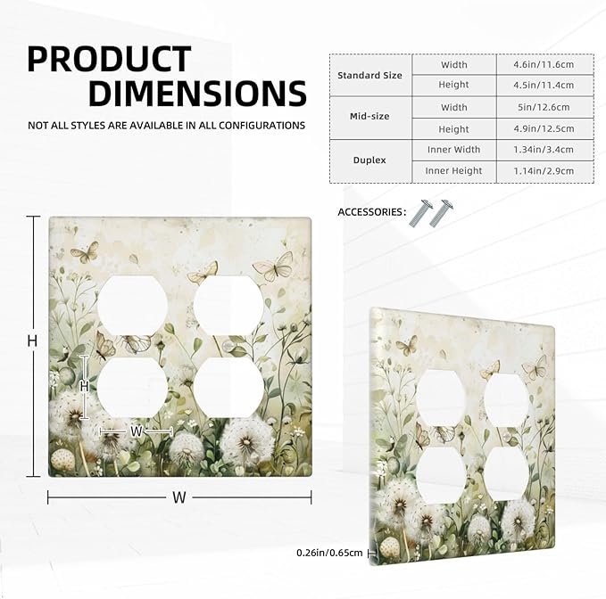 Decorative Outlet Covers Watercolor Butterflies Dandelions Wildflowers 2 Gang Decorative Switch Plate Double Duplex Wall Plates Switch Plates and Outlet Covers for Bathroom Bedroom Decor