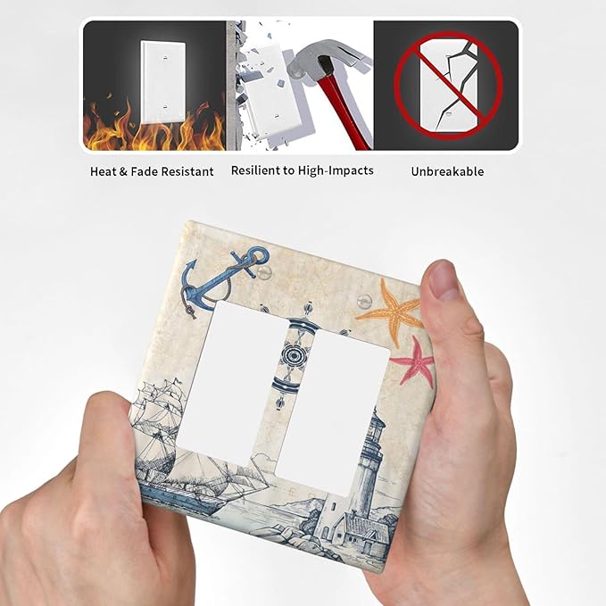 Nautical Sailboat Beach Anchor Pirate Beacon Ocean 2 Gang Rocker Decora Light Switch Covers Decorative Outlet Covers Wall Plate Electrical Faceplate Switchplate GFCI for Farmhouse Bedroom Decor