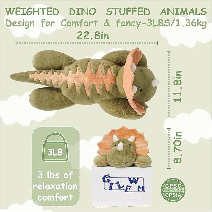 GILFWM Weighted Stuffed Animals Dinosaur - 22.8" Cute Toy Pillow Plushie Gifts for Kids Boys Girls & Adults, 3 lbs Soft Washable Green Dino Plush Pillowfort