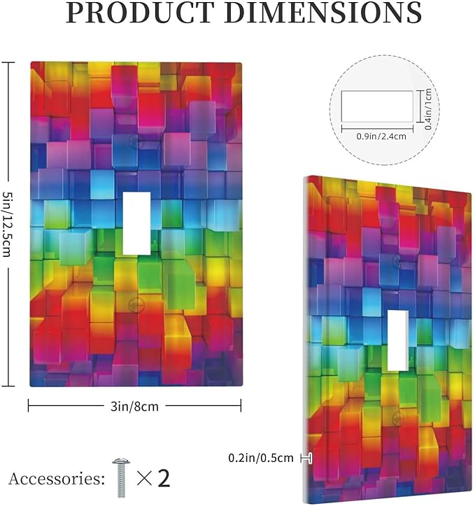 3D Colorful Rainbow Wall Abstract Squre Shaped 1 Gang Light Switch Covers Decorative Unique Single Toggle Wall Plate Switchcover Electrical Switchplate for Kitchen Bathroom Bedroom Decor