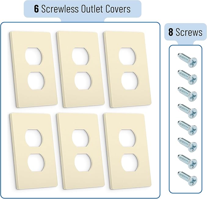 Bates- Screwless Duplex Wall Plate, 6 Pack, Light Almond, Electrical Outlet Cover Plates