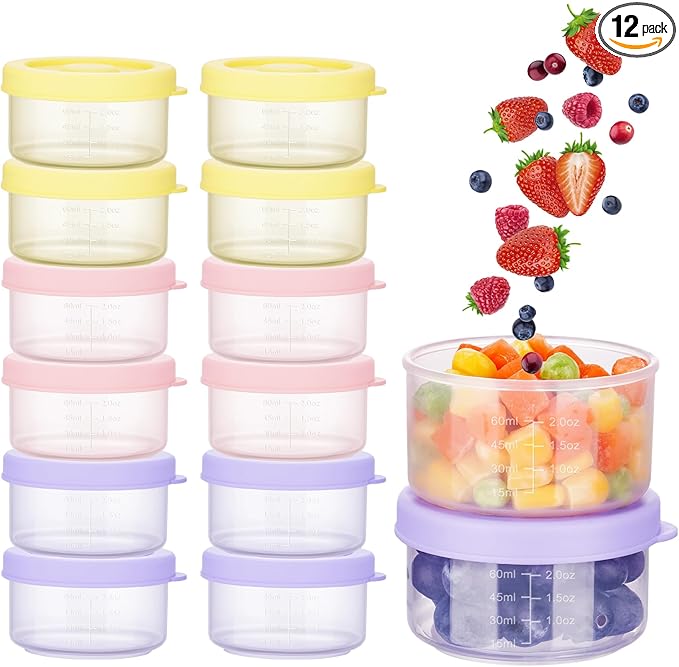 NiHome 12-Pack 2oz Plastic Containers with Lids, BPA-Free Snack & Baby Food Storage Cups, Leak-Resistant, Stackable, Microwave & Freezer Safe, Measurement Marks for Portion Control (3 Macaron Colors)