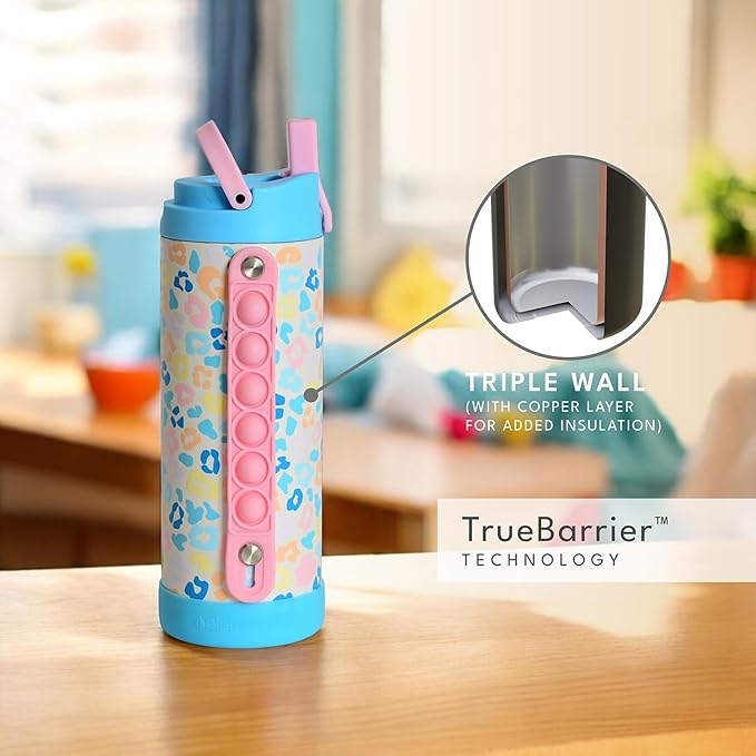 Elemental Iconic Kids Water Bottle for School - 100% Leak-Proof Insulated Water Bottles with Straw Lid & Pop-It Handle for Boys & Girls - Triple-Wall Insulated & BPA-Free, 14oz – Pastel Leopard