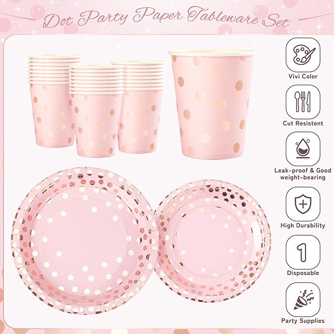 Pink and Rose Gold Dots Plates Set for 24 Guests, 168PCS Disposable Dinnerware,Party Supplies Paper Plates Napkins Cups Pink Cutlery for Birthday Baby Shower Wedding Bridal Anniversary Party