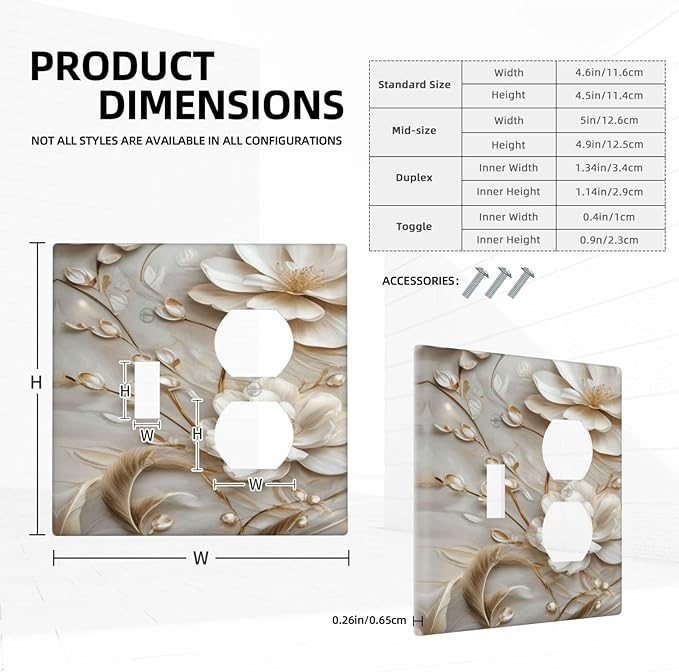 Decorative Art Light Switch Covers Elegant White and Gold Florals 2 Gang Single Toggle Duplex Combination Electrical Faceplate Switchplate Wall Plate for Home Decor