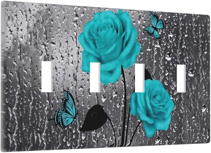 Elegant Teal Blue Gray Roses Flower Floral 4 Gang Quad Decorator Light Switch Cover, Romantic Raindrop Rose Butterfly Four Gang Toggle Wall Plate Outlet Cover Standard Size Girl Women Bathroom Decor
