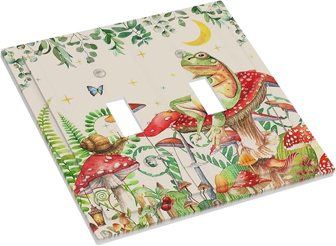 Decorative Switch Plates Boho Mushrooms Frogs Butterflies Flowers Moon Stars 2 Gang Double Toggle Wall Plate Outlet Light Switch Cover Electrical Faceplate for Kids room Bedroom Decor