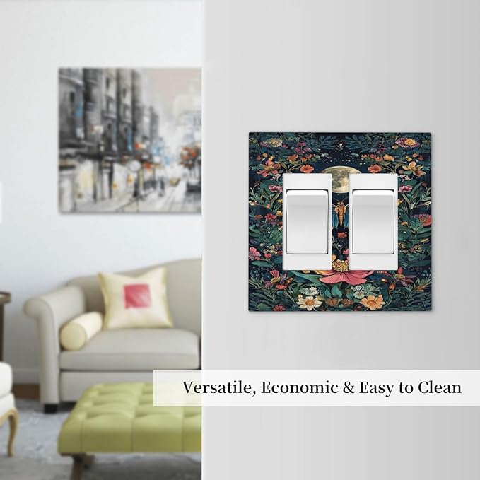 Decorative Outlet Covers Bohemian Moon Butterfly Floral 2 Gang Double Rocker Light Switch Cover Plate Electrical Switch Plate Cover Decorate GFCI Wall Plate for Bedroom Cabin Decor