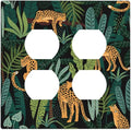 Jungle Cheetah Tropical Wildlife Leopard Green Palm Leaf Outlet Covers 2 Gang Double Duplex Decorative Light Switch Covers Electrical Wallplates Socket Faceplate for Farmhouse Home Decor