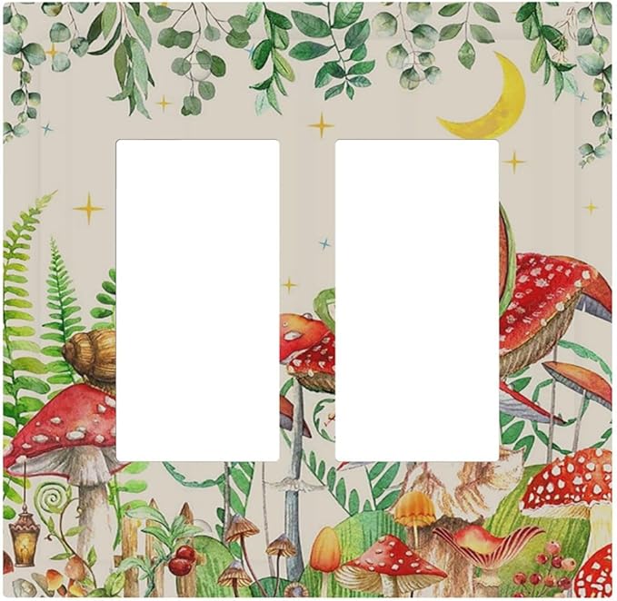Decorative Outlet Covers Boho Mushrooms Frogs Butterflies Flowers Moon Stars 2 Gang Double GFCI Rocker Electrical Wall Panels Light Switch Cover Plate for Kids room Bedroom Decor
