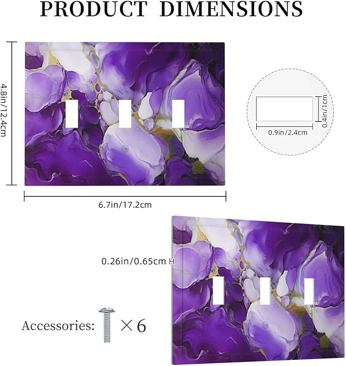 Decorative Light Switch Cover Plate Abstract Luxury Purple Gold Marble Textures 3 Gang Wall Plate Oversized Triple Toggle Switch Cover Plate Jumbo Electrical Face Plate for Bedroom Decor