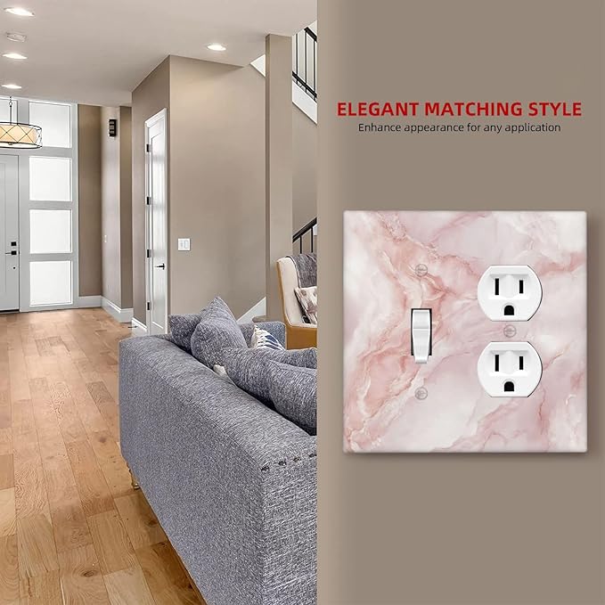 Light Switch Cover Plate Pinkish-White Marble Abstract Luxury Elegant 2 Gang Outlet Covers 1 Toggle 1 Duplex Socket Cover Wallplates Electrical Switch Plate Covers for Bathroom Home Decor