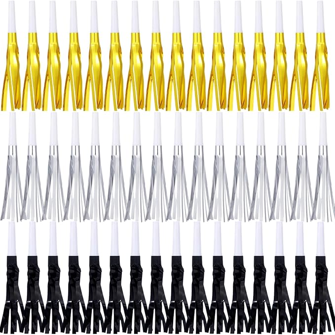 48 Pcs Gold Party Blowers, New Years Noise Makers for Kids Women Men, Birthday Blowers, Happy New Year Party Favors Metallic Fringed Party Horns