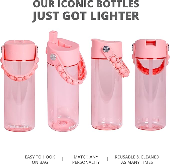 Elemental Leak Proof Water Bottles for Kids - Splash Kids Water Bottle for School with Pop-it Handle - Tritan Plastic Water Bottle with Straw - Fancy Frog Clear & Rose - 18oz (2 Pack)
