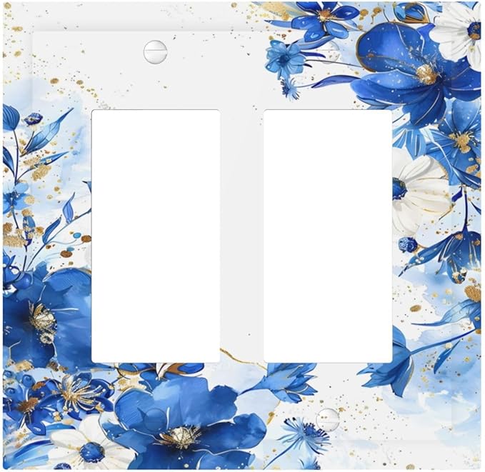 Klein Blue Flowers Watercolor Golden White Floral Decorative Outlet Covers 2 Gang Double GFCI Rocker Electrical Wall Panels Light Switch Cover Plate for Bedroom Living Room Decor