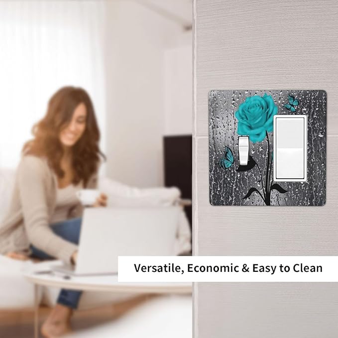 Romantic Aqua Teal Blue Rose Flower Floral Butterfly Decorative Single Toggle/Rocker Combo Light Switch Cover 2-Gang Electrical Wall Plate Double Combination Switch Decorator GFCI Receptacle Cover