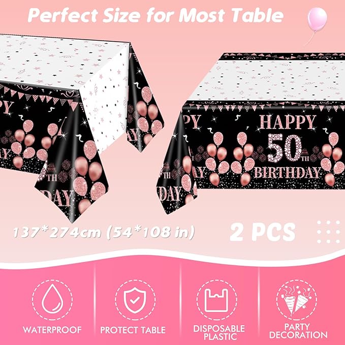 Ryzovo 62Pcs 50th Birthday, Vintage 50 Birthday Black and Rose Gold Disposable Paper Plates and Napkins Party Supplies for 20 Guests, Include 7'' Plates 9'' Plates Napkins and Tablecloth