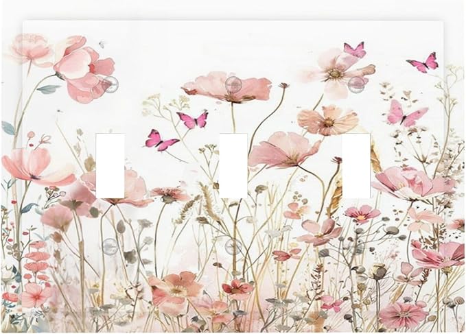 Boho Floral Watercolor Pink Wildflower Butterfly Decorative Switch Plates 3 Gang Wall Plate Triple Toggle Light Switch Cover Faceplate Electrical Wall Panels for Bedroom Living Room Decor