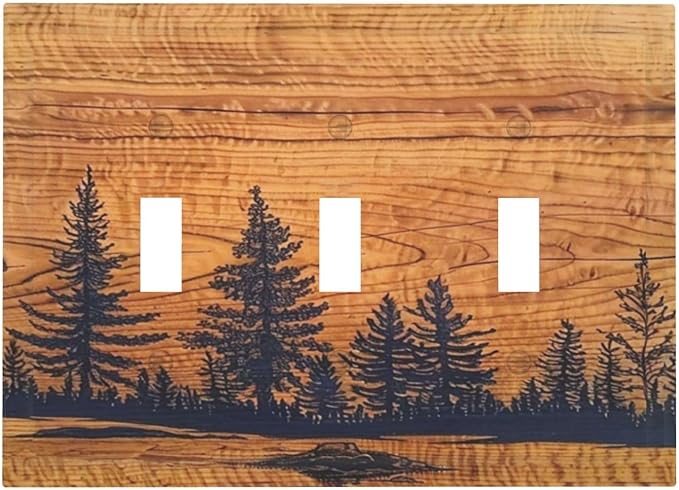Country Farm Forest Pine Tree Woodland Woods 3 Gang Screwless Triple GFCI Decorator/Rocker Light Switch Wall Plate Rustic Orange Wood Wooden Decorative Dual Device Receptacle Faceplate Outlet Cover