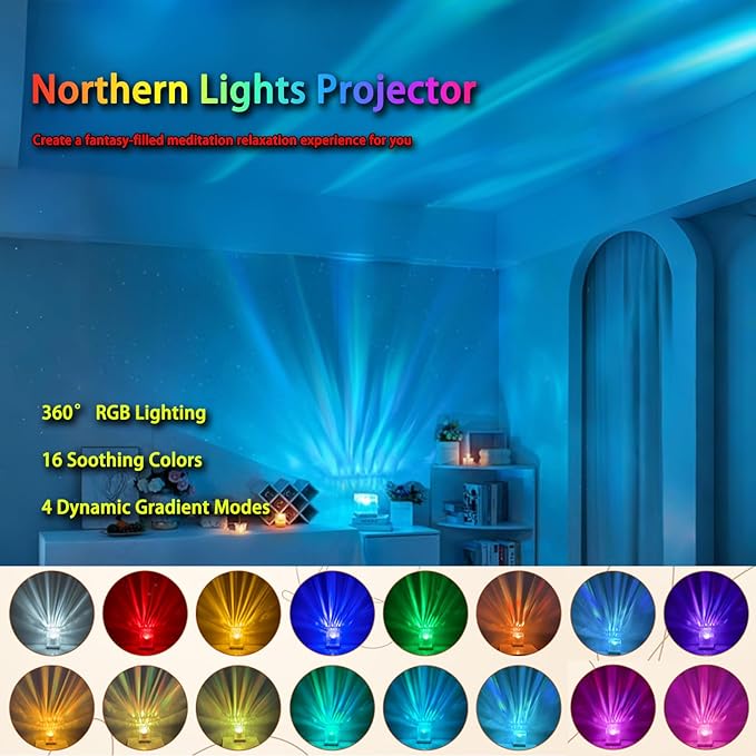 Northern Lights Projector, 16 Colors Rechargeable Aurora Light Projector & Mood Lighting Galaxy Lamp, App Remote Night Light for Bedroom, Gift for Teenage Girls Room Decor (Battery)