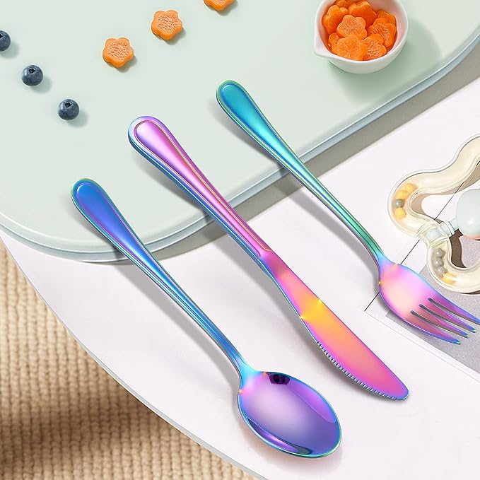 LIANYU 15-Piece Rainbow Kids Silverware Set, Stainless Steel Toddler Utensils Flatware Set, Child Cutlery Tableware Set for 5, Include knife Fork Spoon, Mirror Finished, Dishwasher Safe