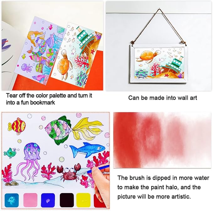 JUNQIU Watercolor Coloring Books for Kids Ages 4-8, Pocket Watercolor Painting Book for Toddlers, Arts and Crafts for Girls Gifts, Stocking Stuffers For Kids