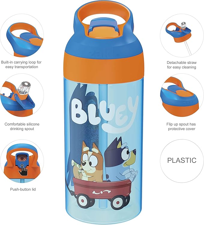 Zak Designs 17.5 oz Riverside Bluey Kids Water Bottle with Straw and Built in Carrying Loop Made of Durable Plastic, Leak-Proof Design for Travel, 2PK Set