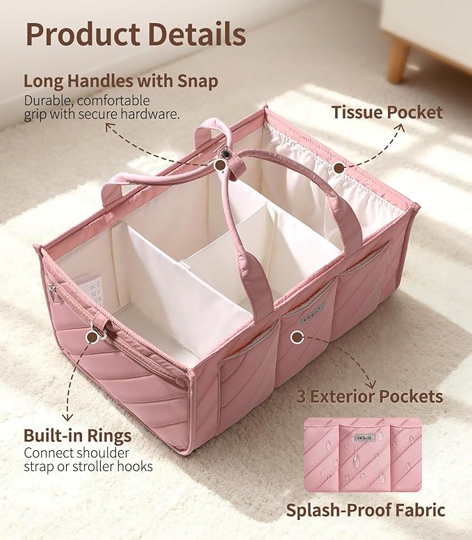 Extra Large Diaper Caddy Organizer – Big Nursery Storage Basket with Zipper Pocket, Shoulder Strap & Stroller Hooks, Water-Resistant Travel Tote for Twins, Gift for Baby Shower, Blush Pink