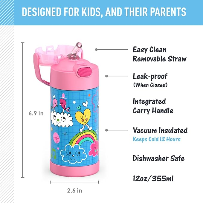 THERMOS FUNTAINER Water Bottle with Straw - 12 Ounce - Kids Stainless Steel Vacuum Insulated Water Bottle with Lid, Sketchbook