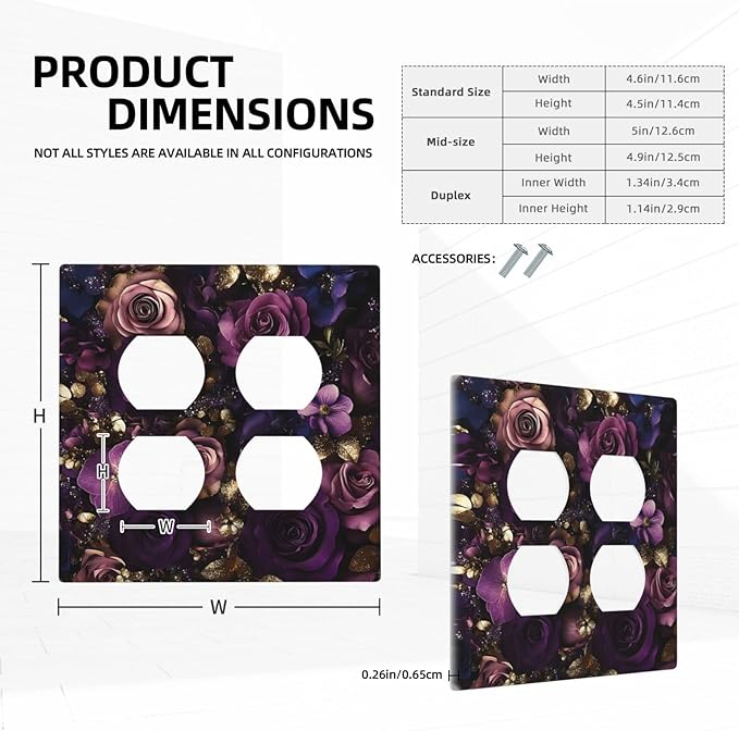 Decorative Outlet Covers with Luxurious Purple Roses Gold Accents Leaves Design 2 Gang Wall Plate Double Duplex Receptacle Light Switch Cover Switch Plate Cover for Bedroom/Living Room Decor