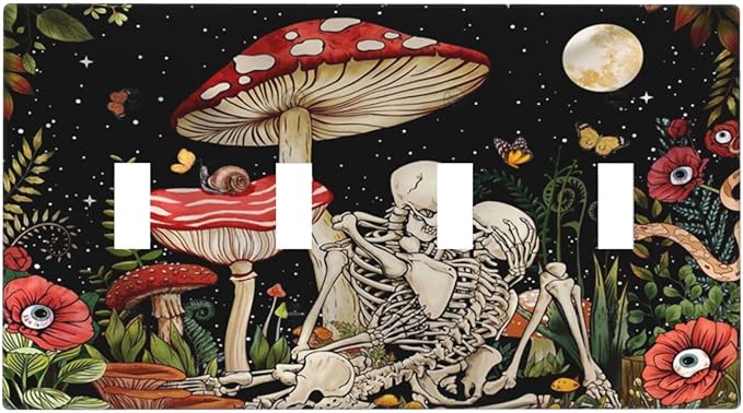 Mushroom Skull Skeleton Moon Quad Toggle Light Switch Cover Decorative 4 Gang Switch Plates Cover Star Plants Flora switchplate for Bathroom Home Living Room Decor 8 X 4.5 In