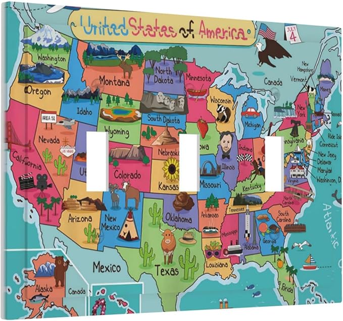 American Map 3 Gang Light Switch Cover Decorative Triple Toggle Wall Plate Electrical Switchplate Standard Size Faceplate Cartoon Animal Educational Geography Rustic Barn Bathroom Bedroom Home Decor