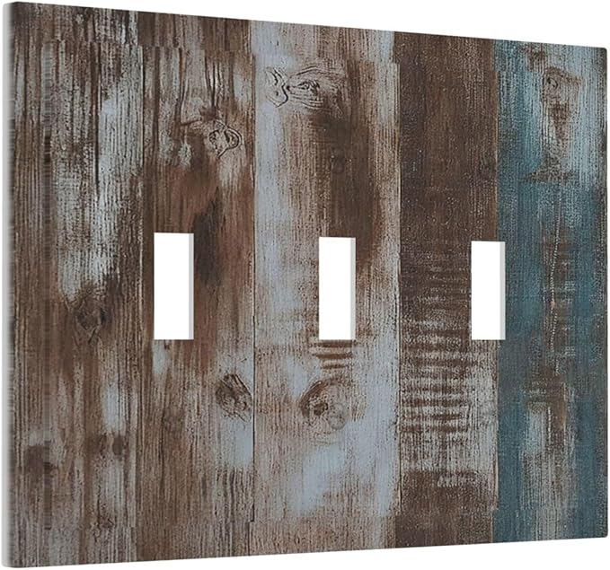 Vintage Blue Brown Wood Grain Decorative Switch Plates 3 Gang Wall Plate Faceplate Electrical Wall Panels Triple Toggle Light Switch Cover for Bedroom Farmhouse Decor