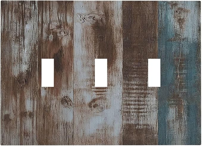 Vintage Blue Brown Wood Grain Decorative Switch Plates 3 Gang Wall Plate Faceplate Electrical Wall Panels Triple Toggle Light Switch Cover for Bedroom Farmhouse Decor