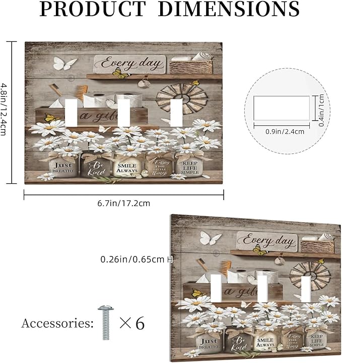 Rustic Daisy Flower Butterfly Inspirational Cottage Decorative Switch Plates 3 Gang Wall Plate Triple Toggle Light Switch Cover Faceplate Electrical Wall Panels for Farmhouse Bedroom Decor