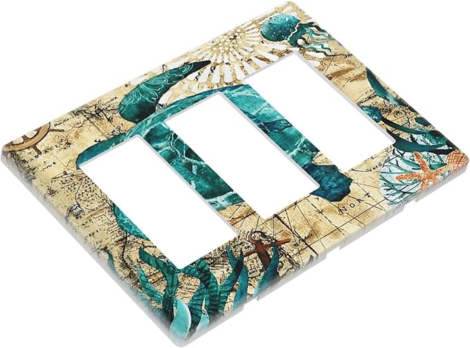 Nautical Ocean Map Tortoise Turtle 3 Gang Triple Rocker/Decora Light Switch Wall Plate Cover Decorative Electrical Faceplate Switchplate for Bathroom Living Room Decor