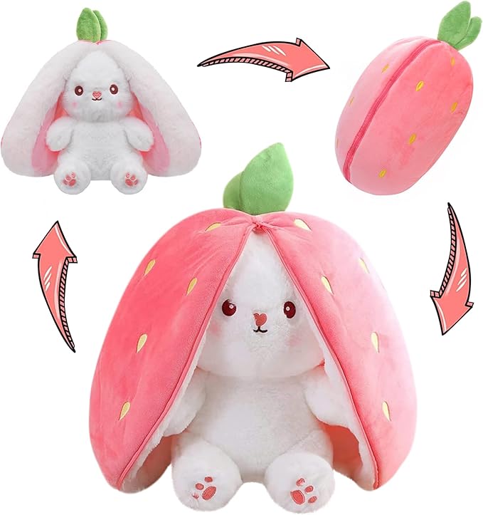 MIAODAM Easter Bunny Stuffed Animal, Carrot and Strawberry Bunny Plush Turn Into Rabbit Fruit Doll, Plushies Funny Bunny Toy for Girls (Strawberry Rabbit, 10inch)