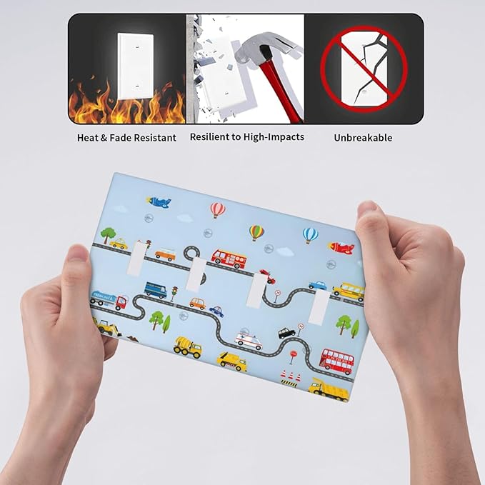 Road Construction Car Truck Hot Air Balloon Light Switch Covers Quad Toggle Electrical Faceplate 4 Gang Wall Plate Decorative Switch Plates Cover for Nursery Kids Room Decor