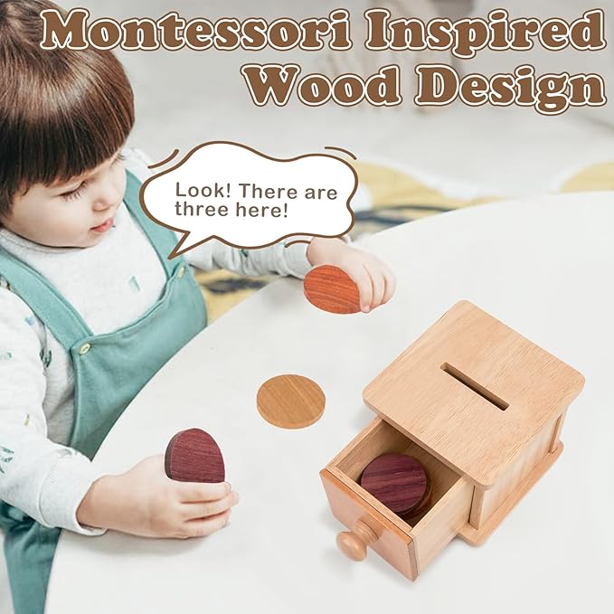 Adena Montessori Coin Box -Natural Wood Double-Sided Object Permanence Box Toy for 1-Year-Old Babies, Wooden Montessori Developmental Toy for 6-12 Month, Early Learning Gift