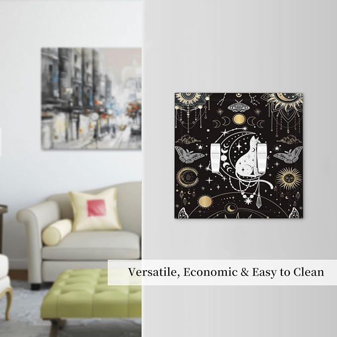White Cat Tarot Moon Phases Moth Celestial Gothic Decorative Switch Plates 2 Gang Double Toggle Outlet Light Switch Cover Wall Plate Electrical Faceplate for Kids Room Bedroom Decor