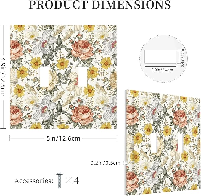 Multicolor Peony Daisy Vintage Floral Flower Decorative Switch Plates 2 Gang Double Toggle Outlet Light Switch Cover Wall Plate Electrical Faceplate for Bedroom Living Room Decor