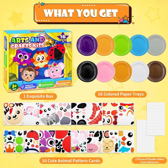 16 Pack Arts and Crafts for Kids, Toddler Crafts Animal Paper Plate Art Kit Gift for 3 4 5 6 Year Old Boys Girls DIY Kids for Birthday Party Favor Preschool Classroom Party Games