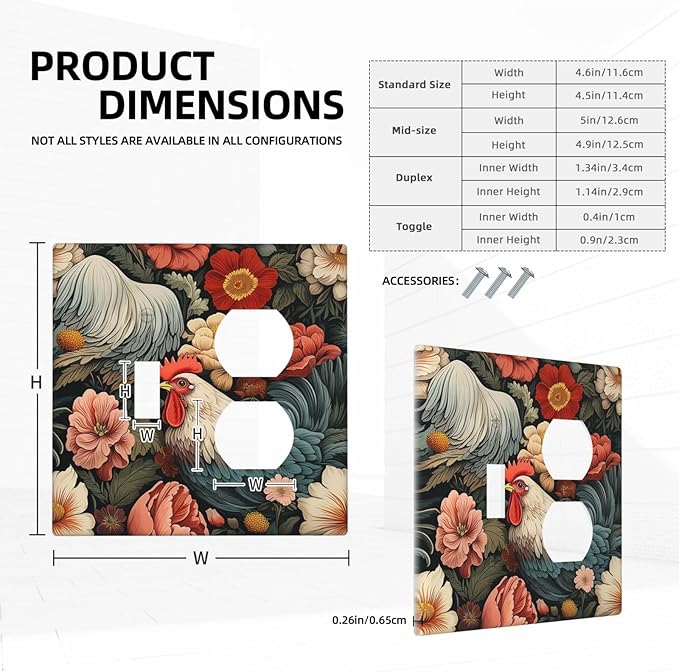 Wallplates Rooster Flowers Red White Chicken Floral 1 Toggle 1 Duplex Switch Plate Electrical GFCI Faceplate Decorative Light Switch Covers for living Room Farmhouse Decor