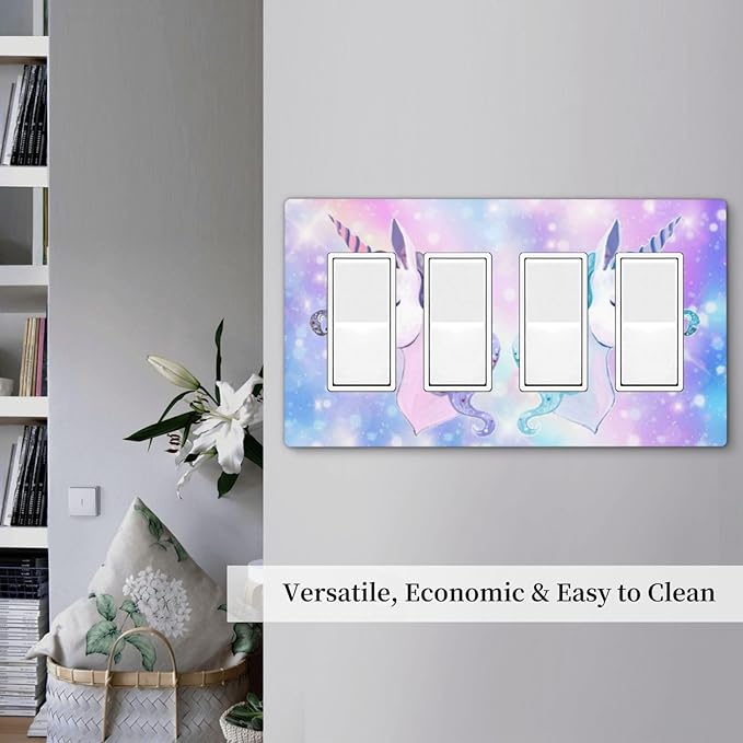 Girl Purple Pink Rainbow Blue Unicorn 4 Gang Quad Rocker Light Switch Cover Decorative Quadruple Device GFCI/Decorator Wall Plate Electric Faceplate Screwless